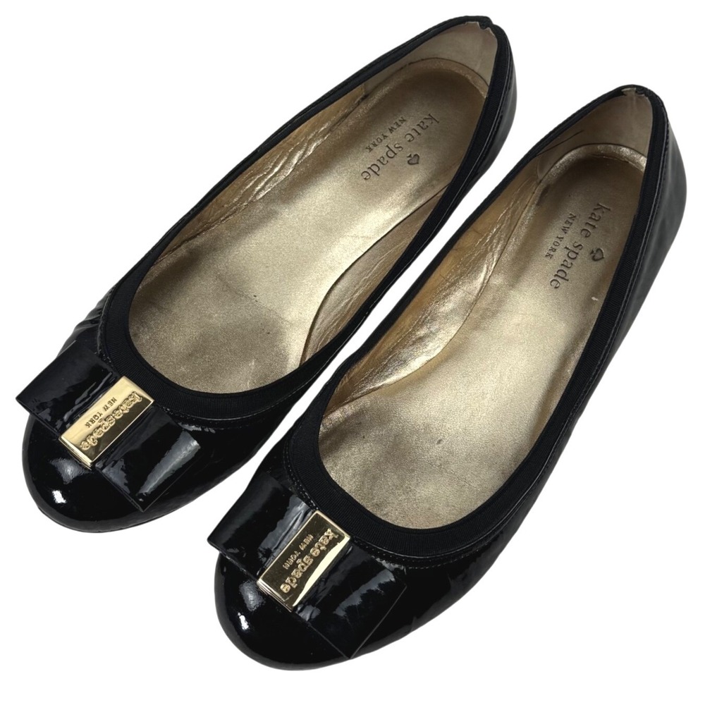 Kate Spade Ballet Flats Womens 8.5M Black Patent Leather Bow Gold Logo Designer - Picture 5 of 15